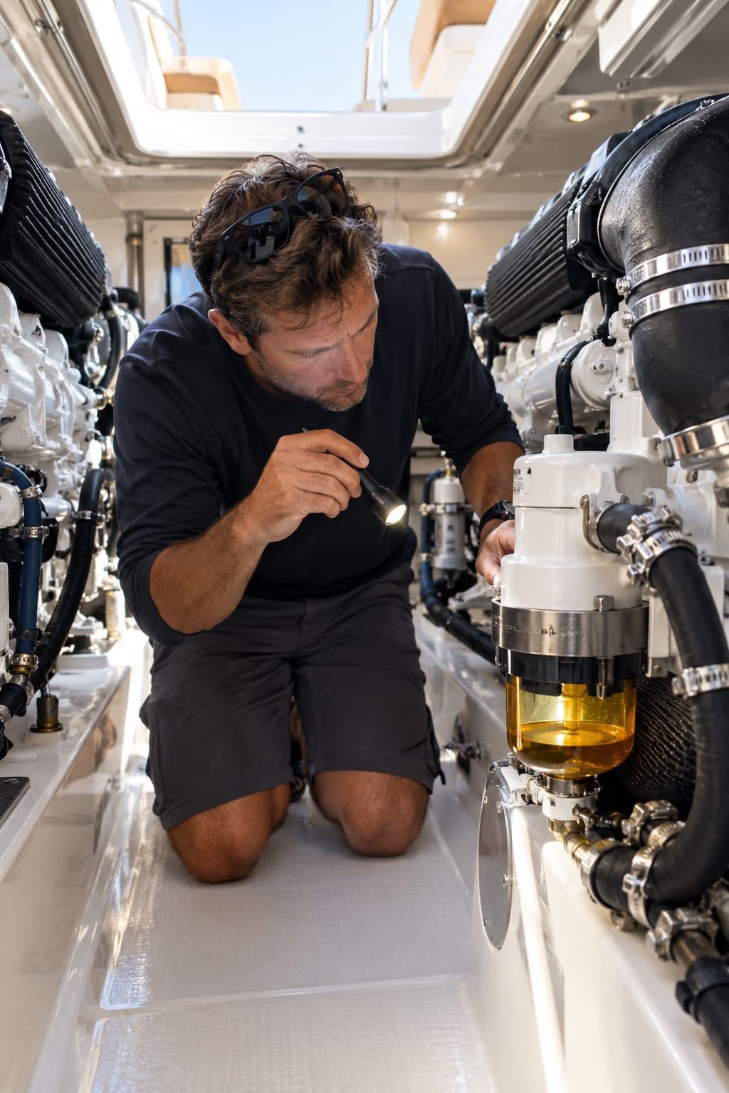 Kneeling between the main engines to check the bowl of a fuel filter