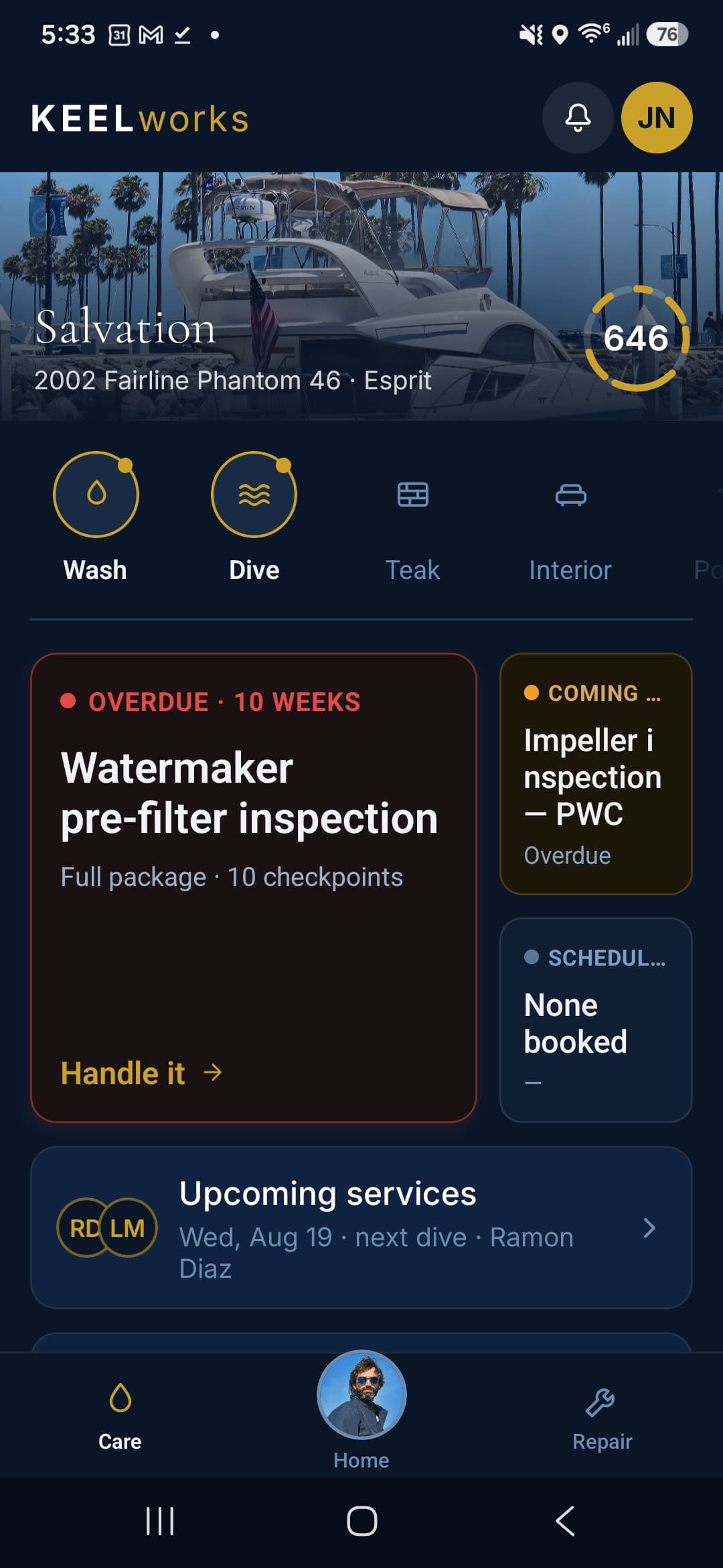 KEEL Works app Care screen for scheduling a boat wash