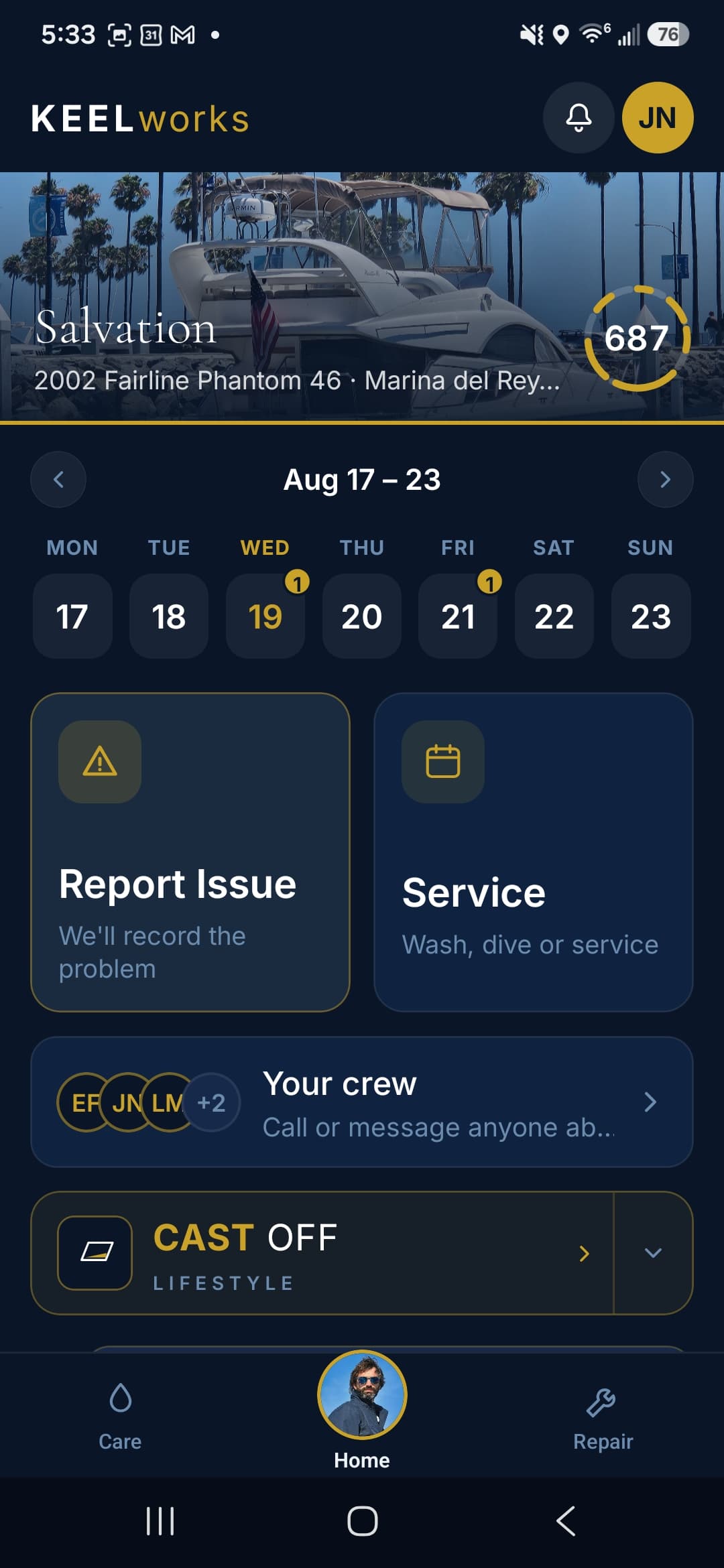 KEEL Works app home screen showing open, in-progress, and resolved boat issues