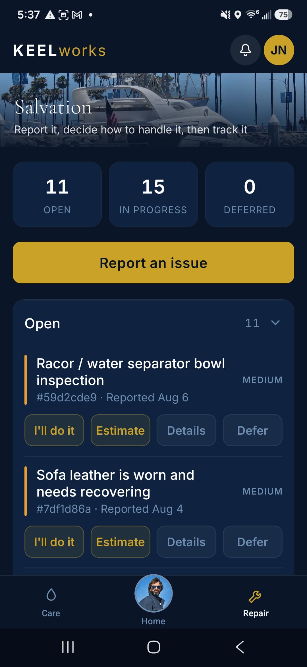 KEEL Works app Repair screen showing in-progress boat repairs