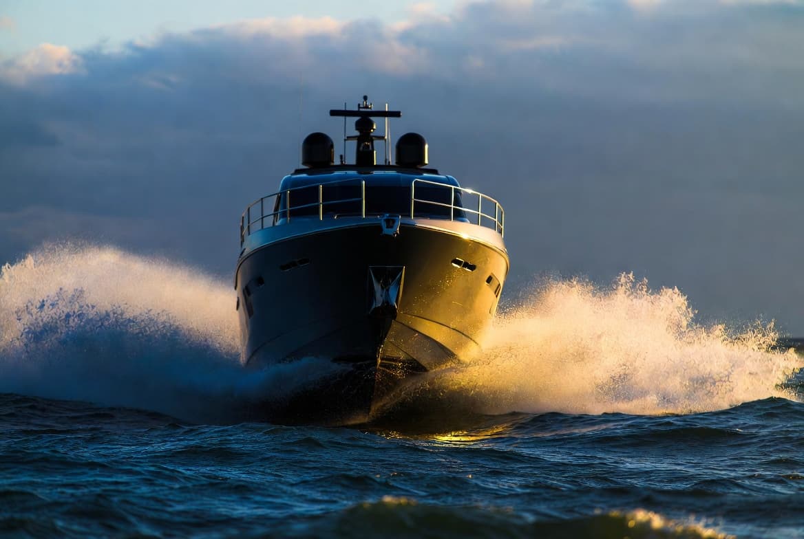 A motor yacht running through a swell in late afternoon light
